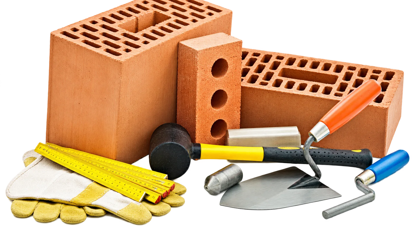 Briques rouges et outils de maçon