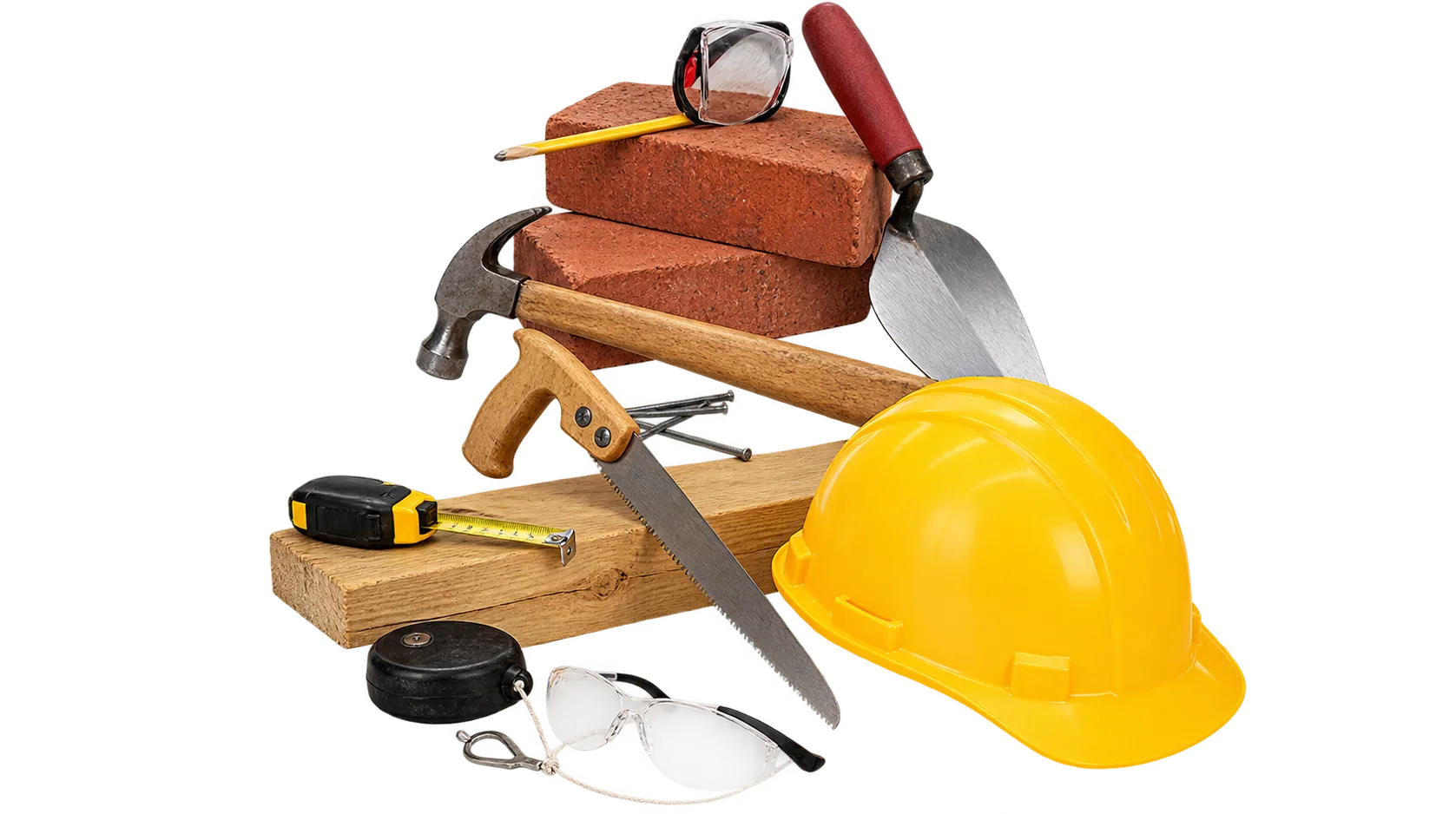Casque de chantier jaune, briques et outils de maçon