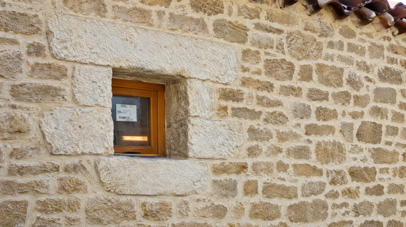 Une petite fenêtre au cadre de bois est encastrée dans un mur en pierres apparentes avec un encadrement de pierre taillée.