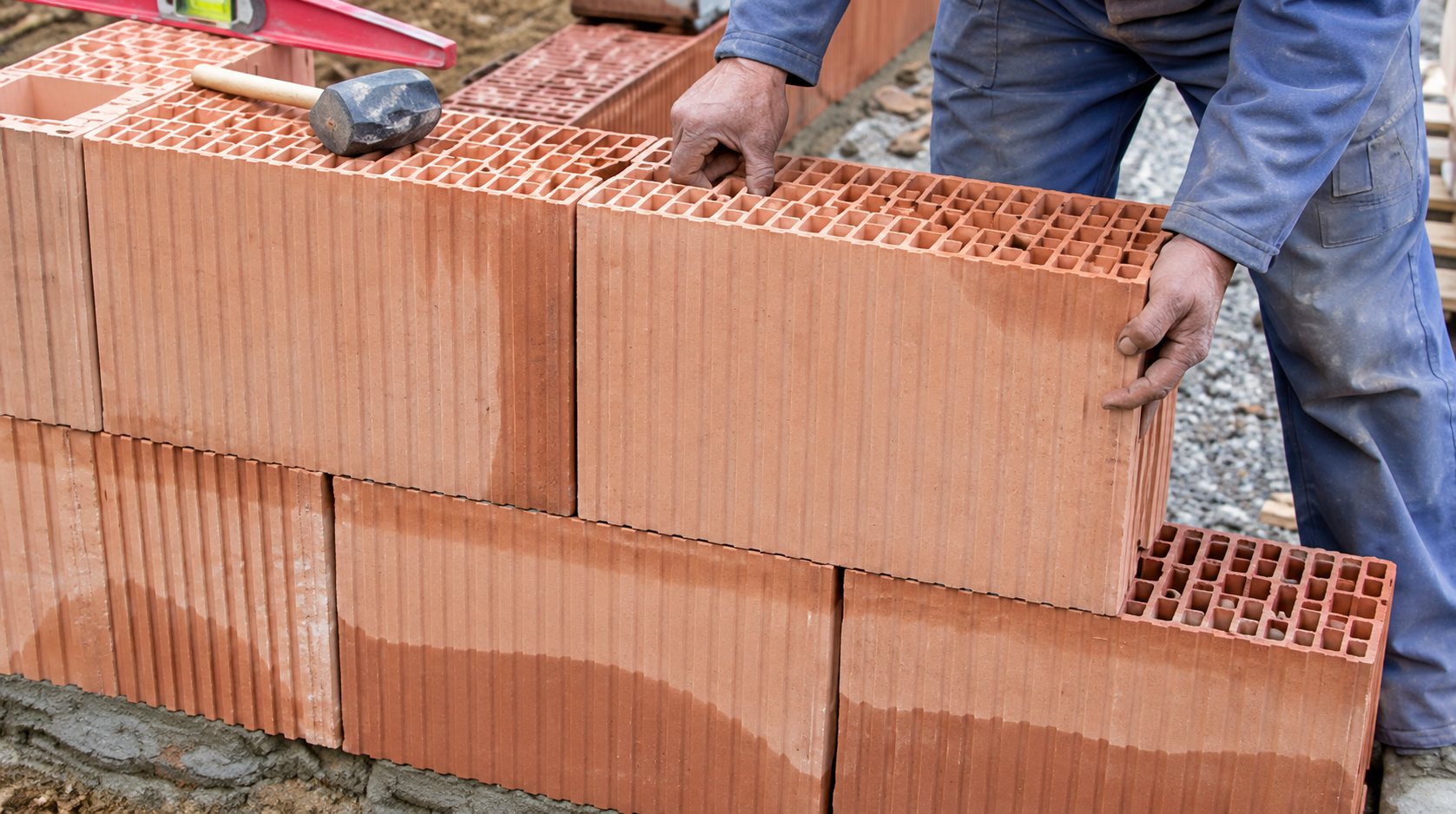 Un maçon en vêtements de travail bleus pose des grosses briques alvéolaires en terre cuite pour monter un mur sur un chantier.