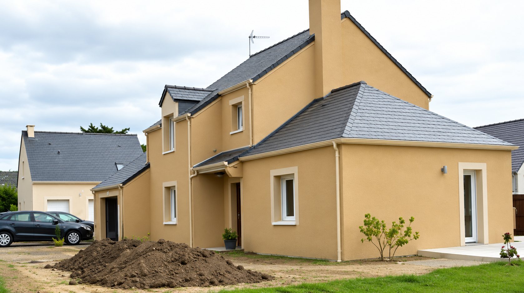 Une maison récente aux murs beige clair et au toit gris foncé, avec un tas de terre au premier plan et une voiture garée à gauche.