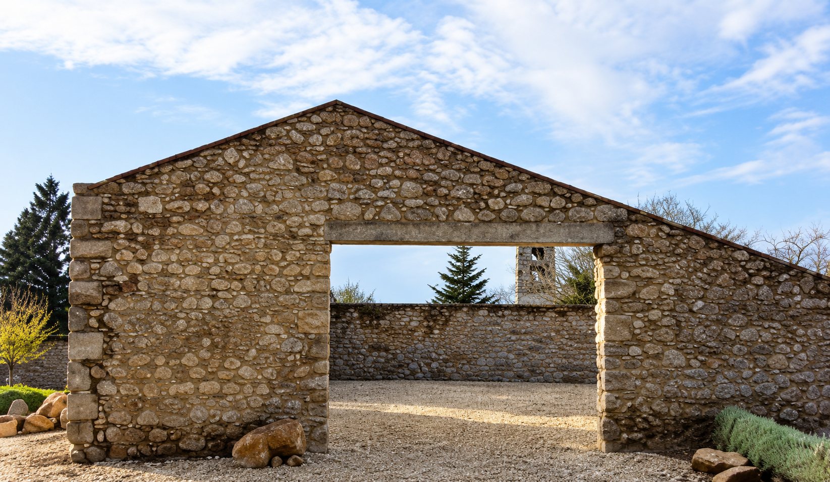 Structure en pierre avec une grande ouverture sous un ciel nuageux