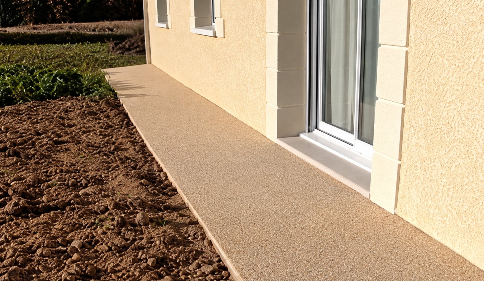 Terrasse en béton désactivé beige le long d'une façade de maison neuve
