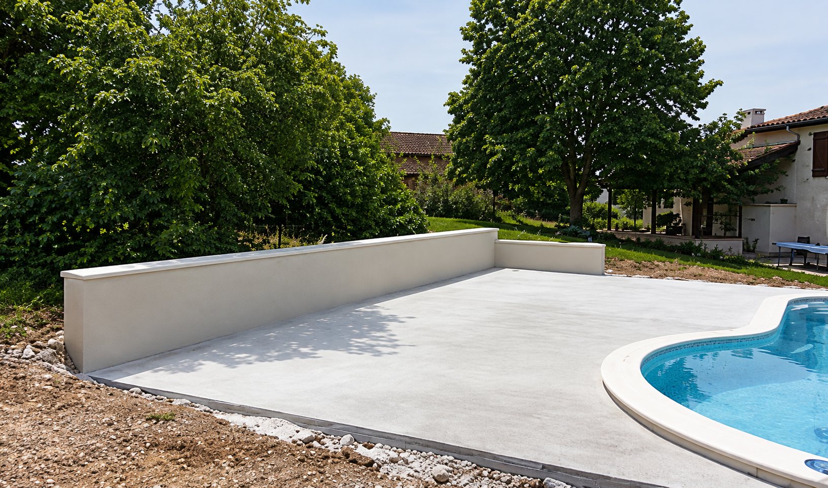 Terrasse en béton et mur blanc au bord d'une piscine