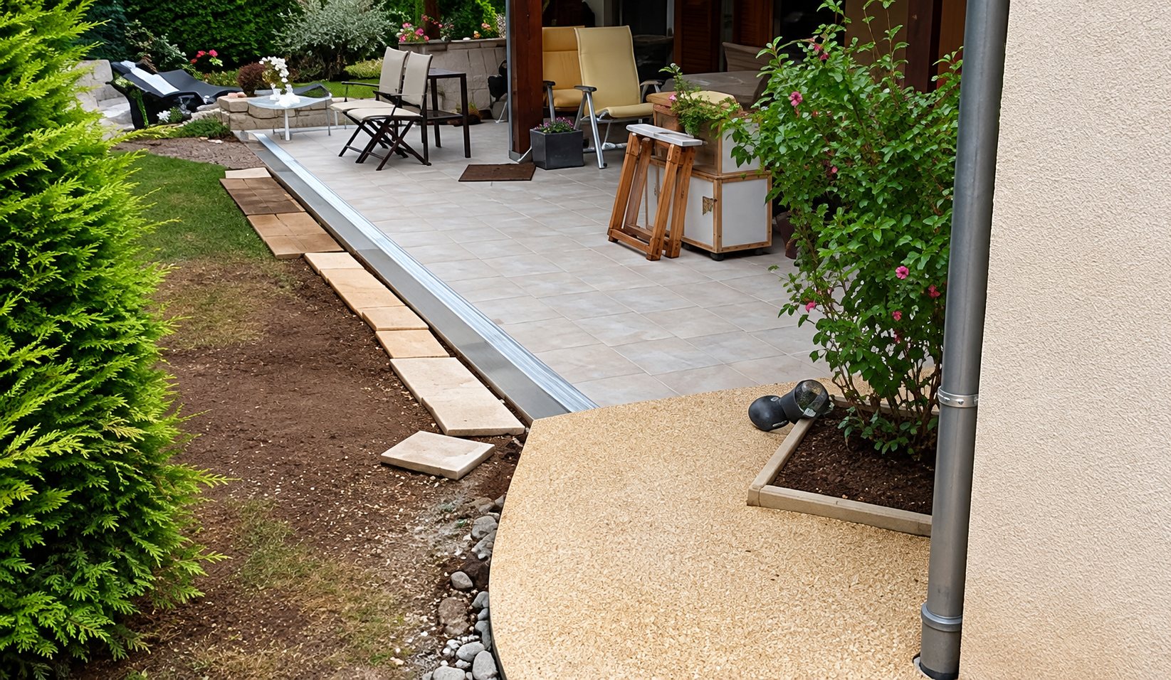 Terrasse en dalles claires et chemin dans un jardin aménagé
